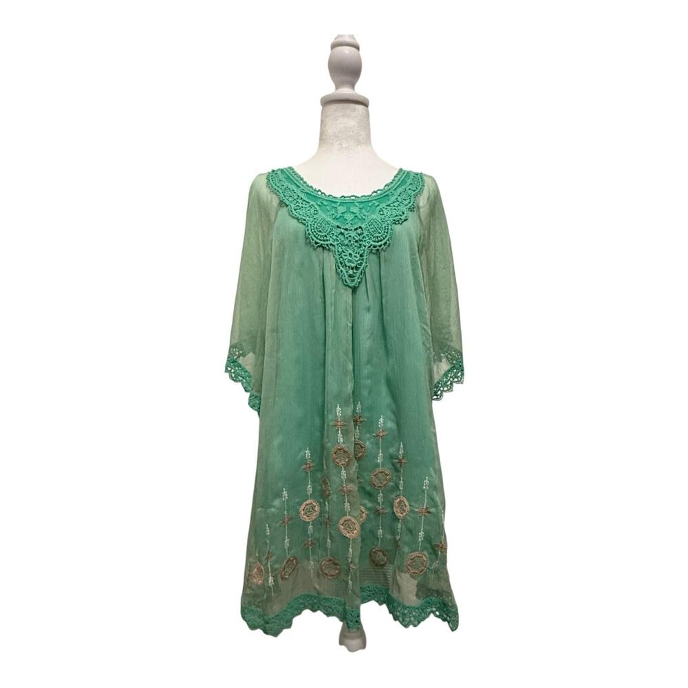 Hazel Dress Womens Medium Green Sheer‎ Crochet Boho Embroidered Lined Tunic New